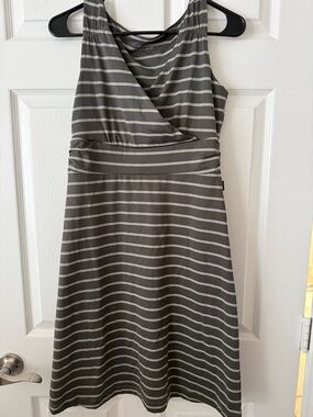 Eddie Bauer Gray and White Striped Sleeveless Wrap Midi Dress